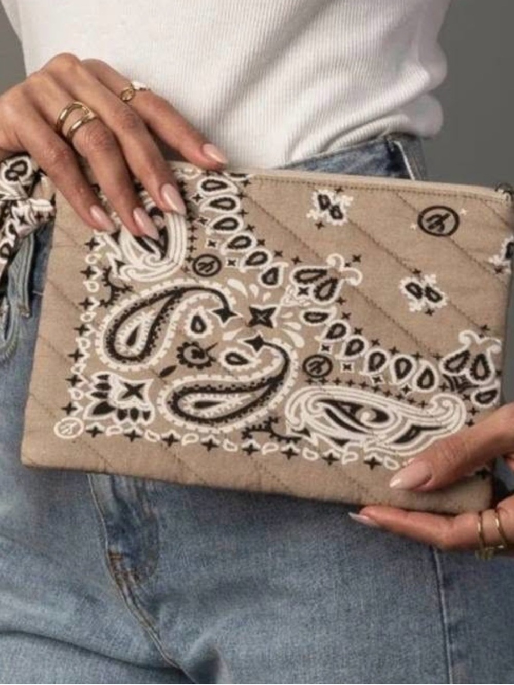 NWT Panache Bandana Boho Paisley Print Clutch Handbag Purse Tan - Picture 5 of 6